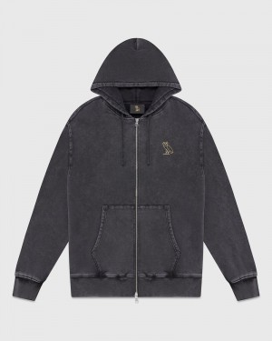 Black OVO Muskoka Garment Dyed Full-Zip Hoodie Sweaters | EL40-D0LX