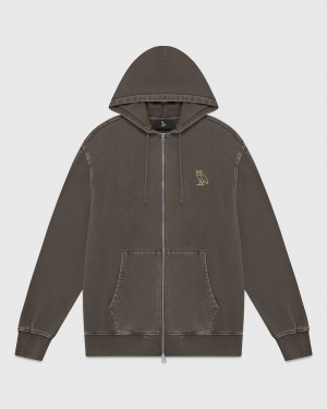 Brown OVO Muskoka Garment Dyed Full-Zip Hoodie Sweaters | CX37-H6EC