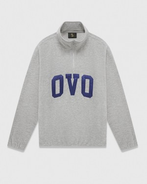 Heather Grey OVO Arch Logo Quarter Zip Mockneck Sweatshirt Sweaters | FG87-A3HT