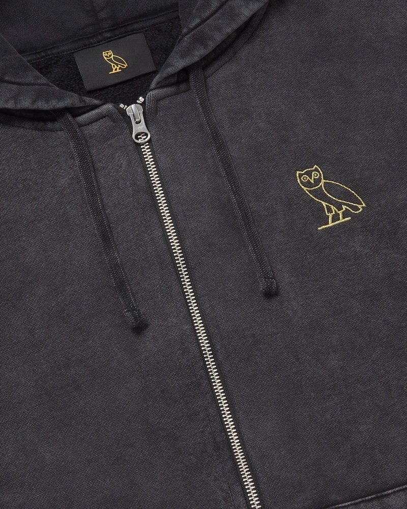 Black OVO Muskoka Garment Dyed Full-Zip Hoodie Sweaters | EL40-D0LX