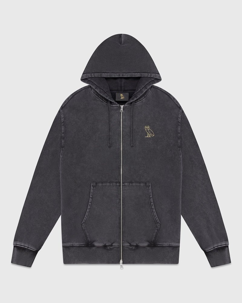 Black OVO Muskoka Garment Dyed Full-Zip Hoodie Sweaters | EL40-D0LX