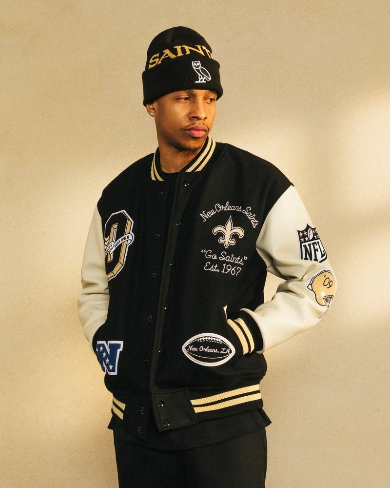 Black OVO NFL New Orleans Saints Varsity Jacket Outerwear | XI19-T6AX