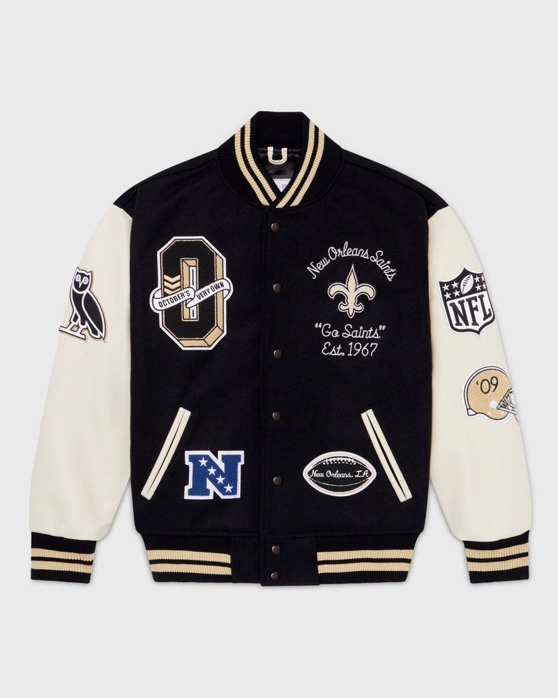 Black OVO NFL New Orleans Saints Varsity Jacket Outerwear | XI19-T6AX