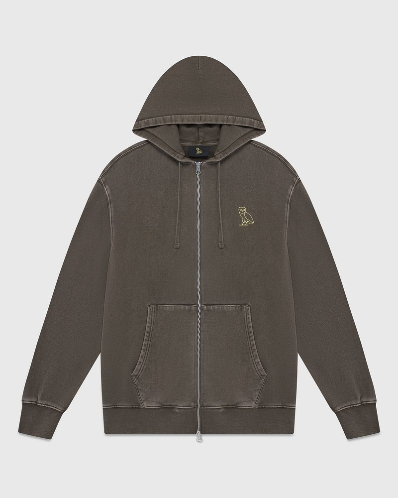 Brown OVO Muskoka Garment Dyed Full-Zip Hoodie Sweaters | CX37-H6EC