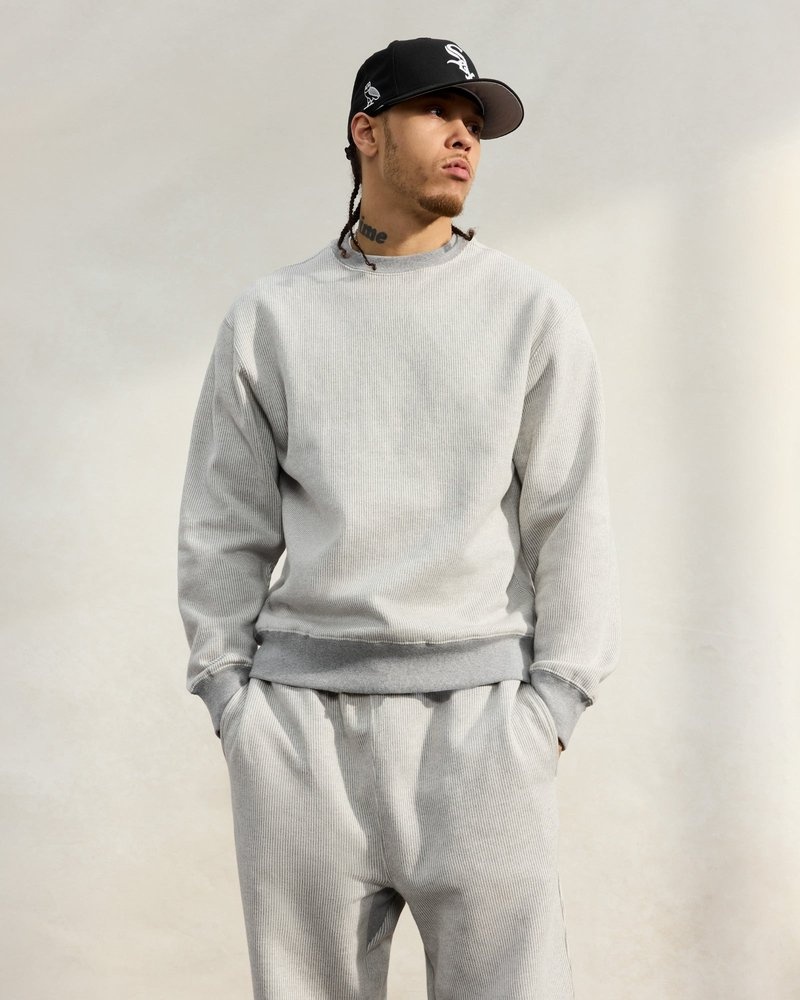 Grey/Cream OVO Seersucker Fleece Crewneck Sweaters | UI06-D3AL