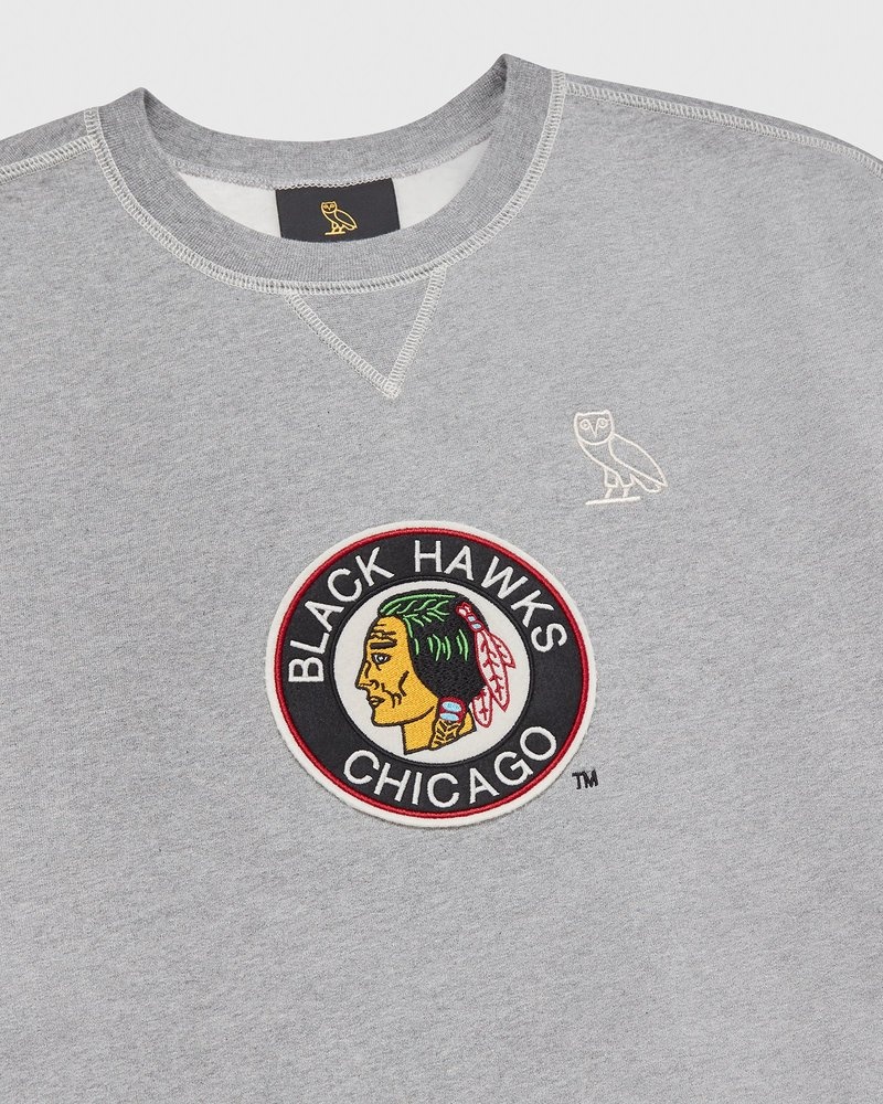 Heather Grey OVO Chicago Blackhawks Crewneck Sweaters | MR50-P9KQ