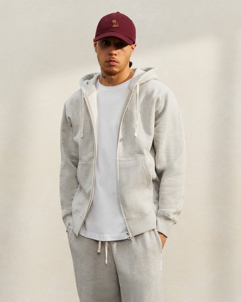 Heather Grey OVO Herringbone Full-Zip Hoodie Sweaters | IJ75-A9PE