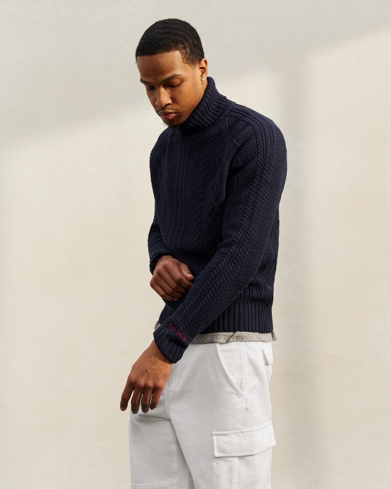 Navy OVO Cable Knit Turtleneck Sweater Tops | LO04-M2HB