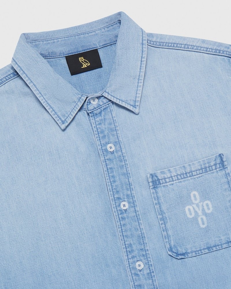 Washed Indigo OVO Pom Pom Denim Shirt Tops | MR57-A3RP