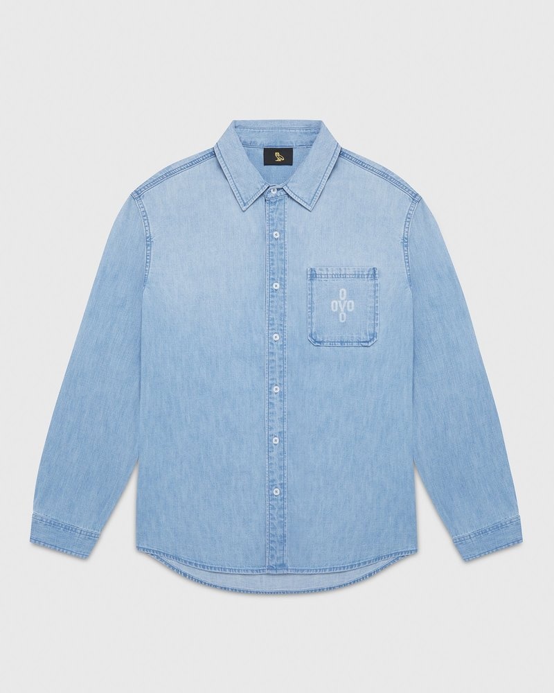 Washed Indigo OVO Pom Pom Denim Shirt Tops | MR57-A3RP